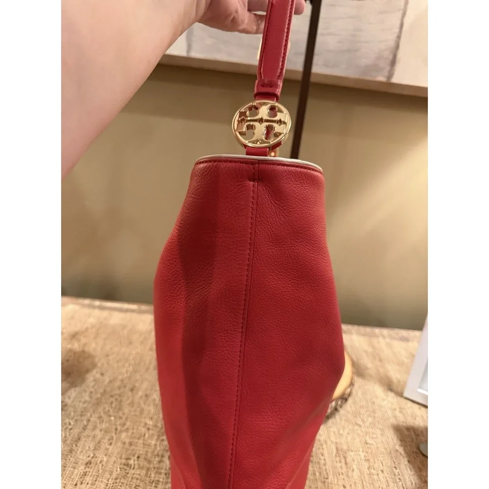 Tory Burch Duet Leather Hobo  Shoulder Bag in Cherry Apple New Ivory  $450